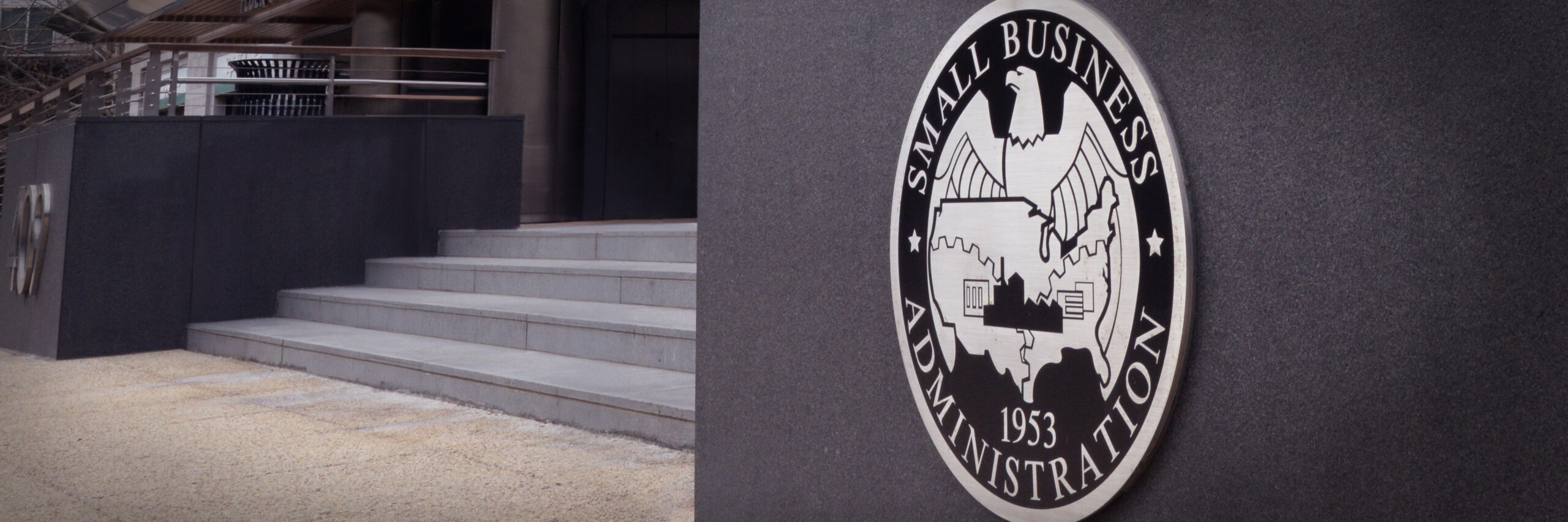 The seal of the Small Business Administration as seen on the front facade of its headquarters.